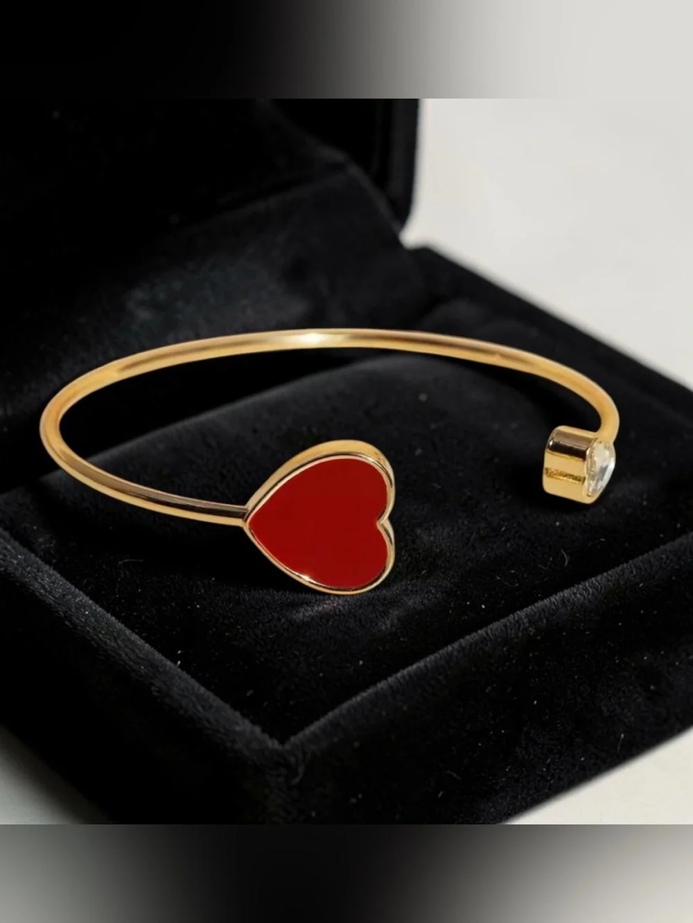 Gold Red Heart Open Cuff Bracelet – CZ Crystal Accent ❤️